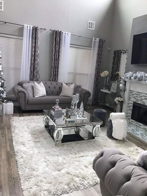 Grey Silver Black Living Room, Silver Grey Living Room Ideas, Black White And Silver Home Decor, Glam Living Room Silver, Gray Aesthetic Home Decor, Grey Interior Decor, House Decor White And Grey, Apartment Aesthetic Gray, Black Grey And Silver Living Room