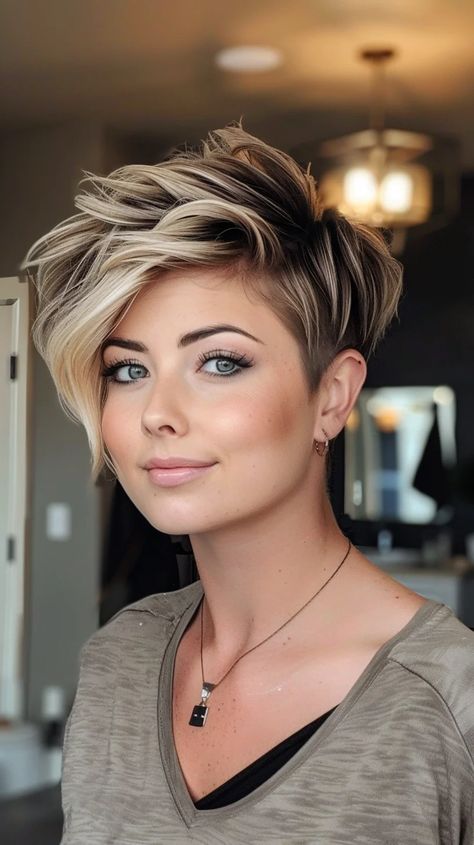 Blonde Pixie With Shadow Roots, Center Part Pixie, Pixie Hairstyles Color Ideas, Pixie Bridesmaid Hair, Pixie Cut For Fine Hair Over 40, Pixie Highlights Brunette, Ombre Pixie Hair, Light Brown Pixie Haircut, Fall Short Hair Color