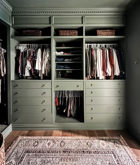 Unbelievable Ikea Pax Primary Closet Reveal | Desk In Master Closet, Armoire In Closet, Built In Bedroom Closet Wall, Green Built In Closet, Ikea Ipax, Walk In Pax Closet, Olive Green Closet, Green Closet Aesthetic, Spare Room Turned Into Closet