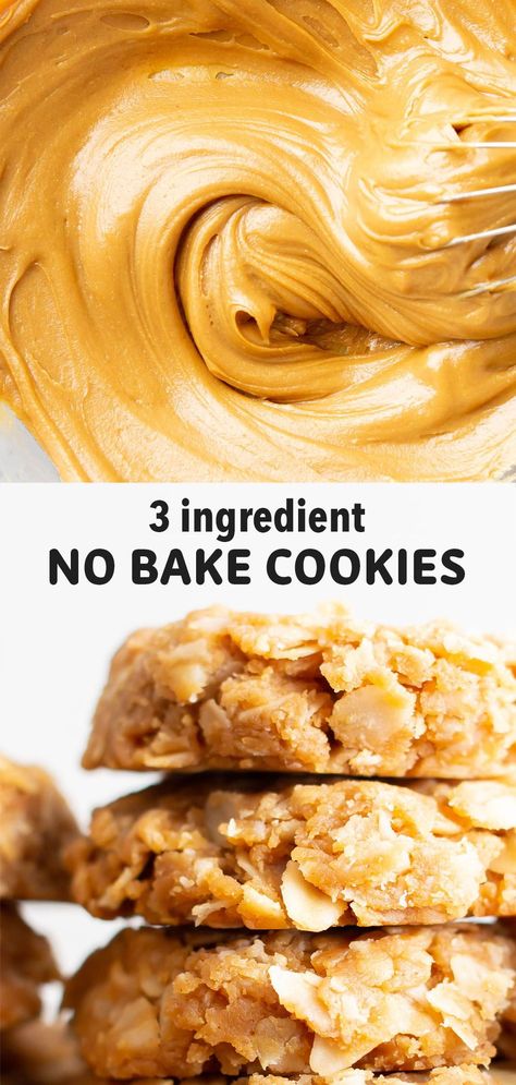 The EASIEST recipe for 3 ingredient no bake peanut butter cookies! Just a few minutes of prep for chewy ‘n satisfying vegan no bake cookies packed with rolled oats and creamy peanut butter. The best 3 ingredient no bake cookies! Cookies 3 Ingredients, No Bake Peanut Butter Cookies, Healthier Cookies, Beaming Baker, Peanut Butter No Bake Cookies, Butter Oatmeal Cookies, No Bake Peanut Butter, Peanut Butter No Bake, Peanut Butter Oatmeal Cookies