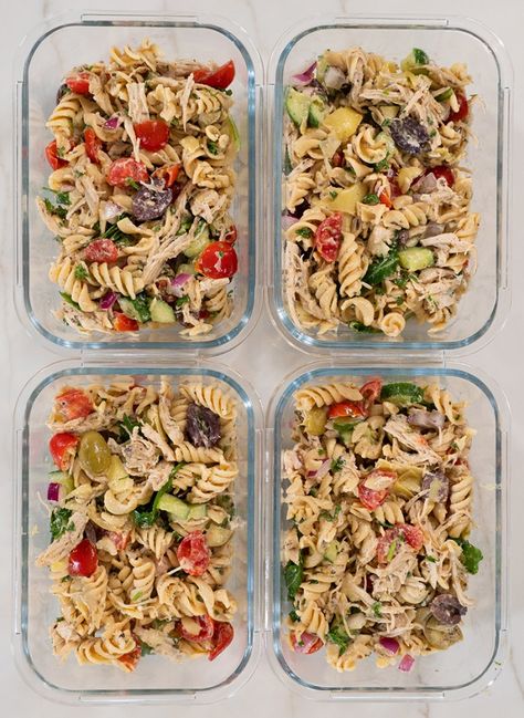 This Mediterranean Chicken Pasta Salad is the perfect healthy lunch recipe for meal prepping. You can prep it up to 5 days in advance and freezer prep it also. It's gluten free, dairy free, and high in protein. #healthylunch #mealprep Lunch Meal Prep Pasta Salad, Pasta Salad Healthy, Mediterranean Chicken Pasta, Easy Lunch Prep, Freezer Prep, Healthy Pasta Salad Recipes, Healthy Pasta Salad, Prep Lunch, Healthy Lunch Meal Prep