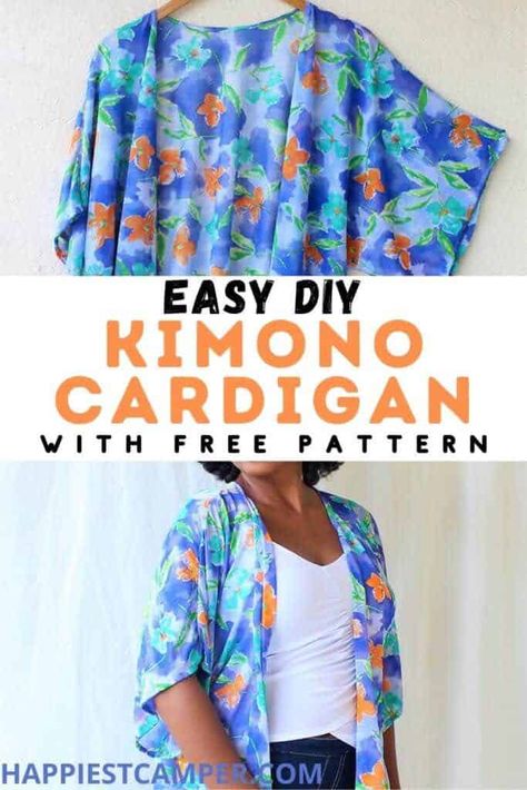 We have the perfect idea to freshen up your closet! Make this Easy DIY Kimono Cardigan With Free Pattern! This cute and flowy top goes great with so many styles and colors. You can dress it up or down as needed. Pick out your favorite fabric and use the included free pattern to sew this in about an hour! Sewing project tutorial. Easy DIY Kimono Cardigan With Free Pattern Kimono Sewing Pattern Free Tutorials, Sewing Cardigan Pattern, How To Sew Kimono, Diy Jacket Sewing Free Pattern, Kimono Tutorial How To Make, Free Kimono Pattern, Flowy Top Sewing Pattern, Free Cardigan Sewing Pattern, Free Kimono Sewing Pattern