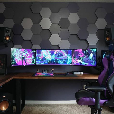 Carousel by @havokharakiri⁣ ⁣ Hey gamers! Been getting a lot of questions regarding the hexagon acoustic panels behind my setup. My wife and I made these ourselves. Hexagons were cut out of wood, painted, then mounted onto a backboard. This was done in two pieces. Then placed RGB strips behind the whole thing. It was a fun project and I was happy with how it all turned out! 😋⁣ ⁣ Follow @rgbtherapy for more⁣ Follow @rgbtherapy for more⁣ ⁣ #pcsetup #pcgaming #pcgamer #gamingsetups #gamingpc #gami Cool Gaming Rooms, Gamer Room Design, Games Room Inspiration, Game Room Wall Decor, Gaming Bedroom, Gamer Bedroom, Small Game Rooms, Game Room Wall Art, Computer Gaming Room