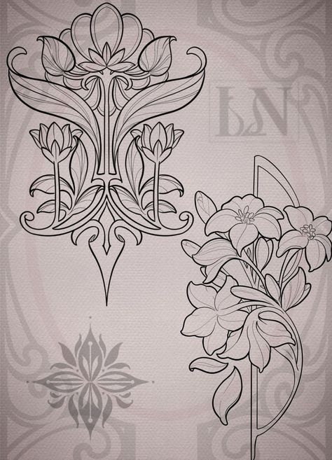 Art Nouveau Design Pattern Flowers, German Mythology Tattoo, Art Nouveau Drawing Easy, Noveau Art Tattoos, How To Draw Art Nouveau Tutorials, Art Noveau Flores, Art Nouveau Tattoo Flower, Art Nouveau Flowers Illustration, Art Nouveau Tattoo Design