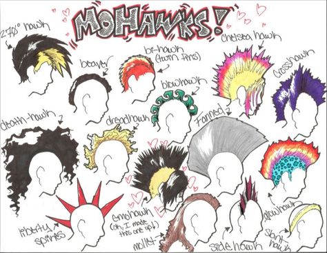 Types of mohawks. Piskel Art, Punk Culture, Arte Punk, Mode Punk, Mohawks, Punk Art, Punk Hair, Sketchbook Art Inspiration, Drawing Reference Poses