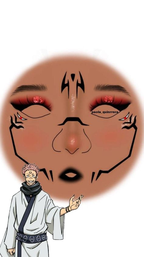 Jujutsu Kaisen Cosplay Sukuna, Sukuna Face Make Up, Akatsuki Makeup Inspired, Sukuna Inspired Makeup, Jujutsu Kaisen Makeup Look, Anime Inspired Eyeliner, Simple Anime Costume Ideas, How To Cosplay Makeup, Anime Makeup Halloween