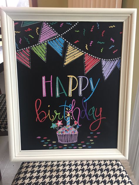 Kelmade Birthday sign inside frame. Happy Birthday Sign Chalkboard, 21st Birthday Chalkboard Ideas, Chalk Happy Birthday Sign, Blackboard Happy Birthday, Happy Birthday Blackboard Ideas, Birthday Blackboard Ideas, Birthday Window Painting, Happy Birthday Board Decoration, Birthday Party Chalkboard Sign