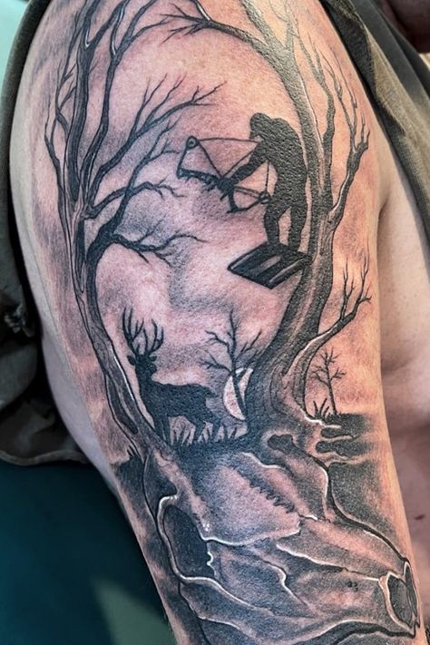 Top Tattoo Ideas for Hunters and Fishermen Grandpa Hunting Tattoos, Tattoo Ideas For Hunters, Wildlife Tattoo Ideas, Bow Hunter Tattoo, Hunting Memorial Tattoos, Wilderness Tattoos For Men, Mens Hunting Tattoos, Hunting Sleeve Tattoo For Men, Farming Tattoos For Guys