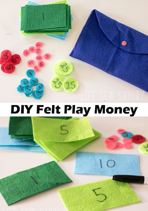 Felt PLay MOney fun craft for kids from Life Sew Savory Felt Dramatic Play Easy Diy, Felt Money, Felt Card Table Playhouse, Felt Play Mat Accessories, No Sew Felt Busy Book, Holiday Hand Towels, Play Money, Diy And Crafts Sewing, Fabric Purses