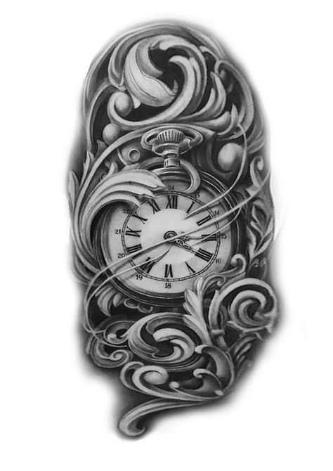 Big 5 Tattoo, Sleeve Designs Tattoo, Tattoos Half Sleeve, Time Clock Tattoo, Outer Bicep Tattoos, Clock Tattoo Sleeve, Pocket Watch Tattoo Design, Clock And Rose Tattoo, Watch Tattoo Design