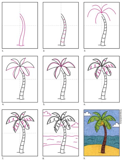 How to Draw a Palm Tree · Art Projects for Kids Palm Tree Doodle Simple, How To Draw Palm Leaves, Palm Tree Tutorial, Trees Outline, Draw A Palm Tree, Palm Tree Outline, Tree Doodles, Tree Drawing Simple, Elementary Drawing