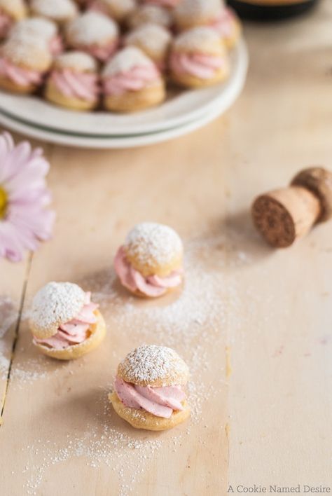 Mini Profiteroles with Strawberry Cream | A Cookie Named Desire Mini Profiteroles, Fine Desserts, Small Pastries, Mini Pastry, Choux Cream, High Tea Food, Choux Buns, Mini Dessert Recipes, Profiterole