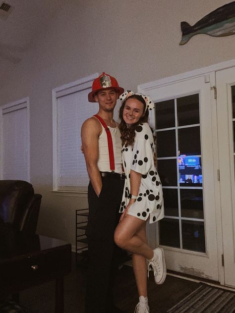 Fireman And Dog Halloween Costume, Couple Animal Costume, Firefighter Dog Costume, Dalmation And Firefighter Couple Costume, Firefighter And Dog Costume, Cute Couple Halloween Costumes 2024, Firefighter And Dog Costume Couple, Halloween Dalmation Costume, Couple Halloween Costumes Firefighter