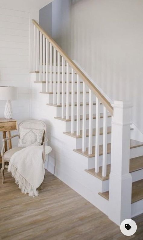 White Staircase, White Stairs, Staircase Railing Design, Staircase Handrail, House Staircase, Wood Railing, Stair Railing Design, Staircase Remodel, Staircase Makeover