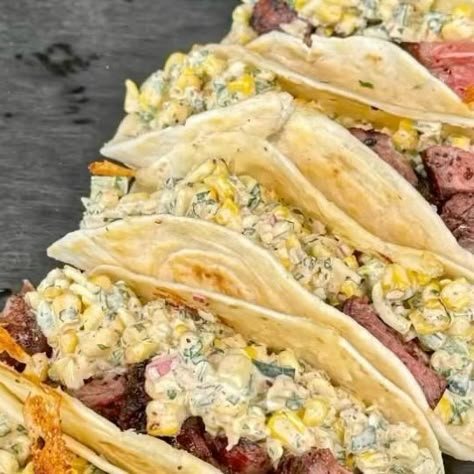 James Brown on Instagram: "Grilled Steak Elote Tacos 🌮 Made with @danosseasoning brand new Preem-O Steak Seasoning 🥩 . #rasiethesteaks #danospartner #tacos #steak" Grilled Steak And Mexican Street Corn Tacos, Elote Tacos Recipe, Elite Steak Tacos, Grilled Steak Elite Tacos, Steak And Elote Tacos, Steak Tacos With Corn Salsa, Steak Street Corn Tacos, Grilled Steak And Elote Tacos, Street Corn Steak Tacos