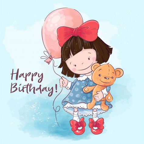 Happy birthday greeting card. illustration cute cartoon girl with a balloon and a toy. Vector | Premium Download Happy Birthday Baby Girl, Birthday Wishes Girl, Illustration Postcard, Balloon Toys, Birthday Cartoon, Its A Girl Balloons, Happy Birthday Wishes Quotes, Greeting Card Illustration, Happy Birthday Greeting Card