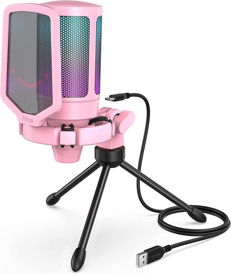 Fifine USB Gaming Microphone for PC PS4 PS5, Streaming RGB Computer Condenser Cardioid Mic with Mute Button, Volume Gain, Ideal for, YouTube, Video Podcasts-Pink A6P Podcast 101, Kuromi Room, Mute Button, Gaming Desk Setup, Gaming Microphone, Game Streaming, Gamer Room, Computer Setup, Personal Computer