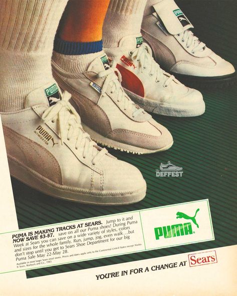 Puma 1983 vintage sneaker ad featuring the Intimidator Soft Rider, Puma Court, and Game Cat @ The Deffest Vintage Sneaker Ads, Puma Vintage Shoes, Vintage Puma Sneakers, Puma Ads, Vintage Sneakers Retro, Sneaker Ads, Puma Ad, 70s Sneakers, Air Max Day