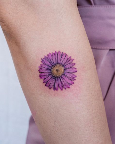 Gerbera Daisy Tattoo, Color Flower Tattoo, Gengar Tattoo, Purple Flower Tattoos, Ankle Tattoo Ideas, Hunter Tattoo, Purple Tattoos, Lavender Tattoo, April Birth Flower