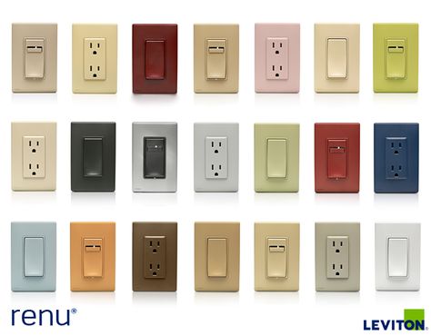 The Renu color collection includes switches, dimmers and outlets with faces you can update yourself whenever you're ready for a new look. Available in 20 popular paint colors, Renu products can blend in or contrast with a room's walls or trim. Electrical Outlets Ideas, Colorful Lighting, Popular Paint Colors, House Details, Electrical Work, Light Switches, House Decorating, Electrical Outlets, Fort Collins