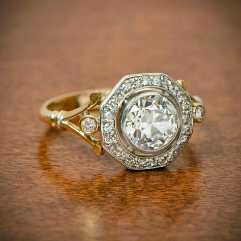 Hexagon Halo Ring, Half Bezel Engagement Ring, Hexagon Halo, Round Halo Ring, Engagement Rings Vintage, Antique Style Rings, Moissanite Engagement Ring Solitaire, Diamond Engagement Wedding Ring, Wedding Rings Solitaire