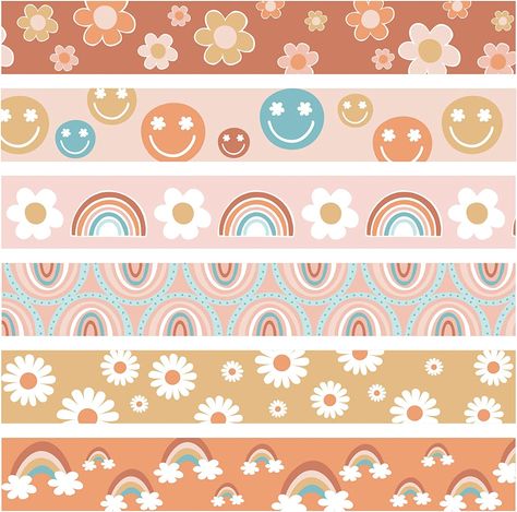 This groovy bulletin border decoration includes 20 pieces hippie themed border strips in 6 different designs, each design has 10pcs! Super high quality: These boho straight border strips are made of quality material. This type of material can withstand long-term use and frequent flipping and is not easily damaged or worn out. The groovy retro hippie bulletin board border adopts smile, daisy, rainbow, and other groovy classic retro patterns. Boho Library, Groovy Bulletin Board, Bulletin Boarders, Boarders For Bulletin Boards, Classroom Vibes, Rainbow Border, School Classroom Decor, Border Decoration, Bulletin Borders