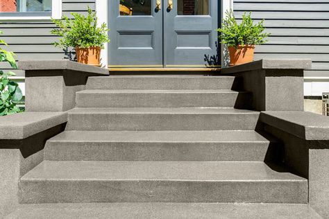 Patio Stairs With Landing Concrete, Exterior Stairs To Front Door Concrete, Concrete Steps And Walkway, Front Porch Concrete Steps, Cement Porch Ideas Front Steps, Cement Steps Backyard, Concrete Entry Steps, Front Door Concrete Steps Ideas, Cement Steps Front Porch