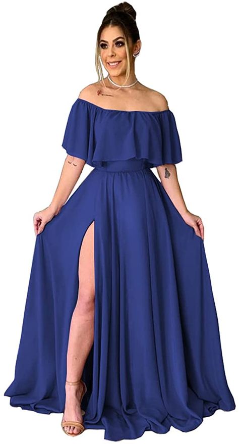 Gown For Short Height Women, Long Dress Fashion Casual, Dress To Wear To A Wedding, Off Shoulder Dress Outfit, Plus Size Evening Gown Special Occasions, Chiffon Dress Styles, Of Shoulder Dress, Off Shoulder Dress Casual, Long Off Shoulder Dress