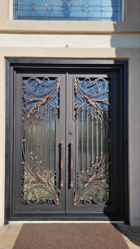 MARIGOLD - Exquisitely Designed Iron Door, Tempered Glass, Two-Toned Color, 72x96 RH – Luxe Iron Doors Front Door Design Double Doors, Door Sidelights, Double Front Entry Doors, Unique Front Doors, Double Door Entrance, Door Aesthetic, Iron Front Door, Custom Railing, Iron Entry Doors