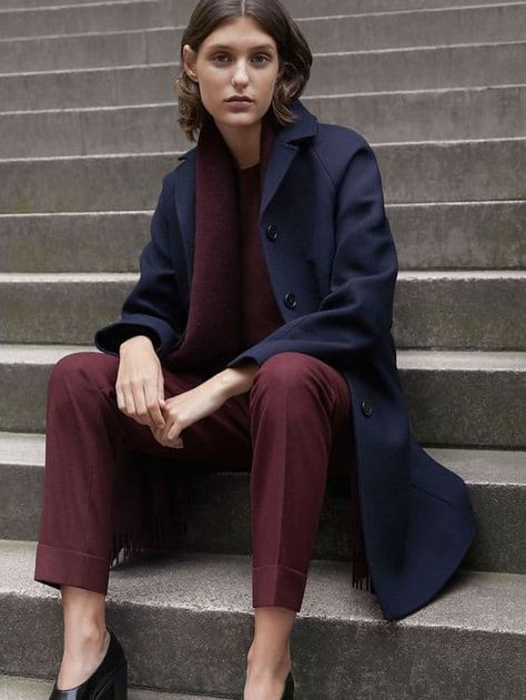 Navy & Burgundy. Navy Blue Coat Outfit Winter, Navy And Burgundy Outfit, Navy Coat Outfit Winter Wear, Burgundy And Blue Outfit, Navy Blue Coat Outfit, Navy Coat Outfit, Blue Coat Outfit, Blue Outfit Winter, Navy Blue Outfit