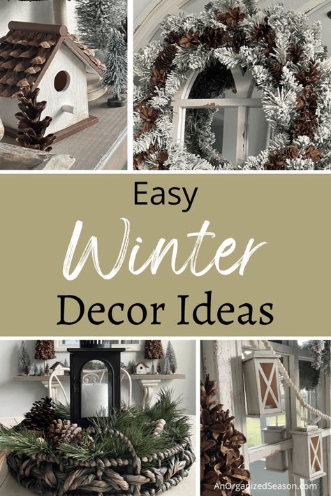 Repurpose Ornaments, Winter Mantle Ideas, January Decor After Christmas, January Winter Decor, Simple Winter Decor, Winter Decor Ideas For The Home, Easy Winter Decorations, Cozy Winter Home, Decor After Christmas