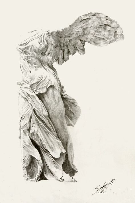 Samothrace Tattoo, Victory Tattoo, Nike Tattoo, Nike Of Samothrace, History Tattoos, Statue Tattoo, Graphisches Design, Greek Sculpture, Desenho Tattoo