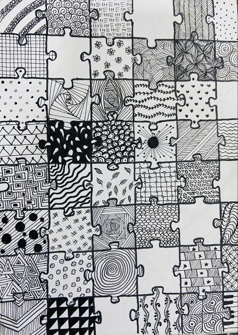 Different patters of mandala art in puzzle pieces How To Draw Puzzle Pieces, Puzzle Drawing Ideas, Puzzle Sketch, Puzzle Doodle, Puzzle Piece Art, Black Pen Drawing, Puzzle Drawing, Zen Doodle Patterns, Doodle Frame