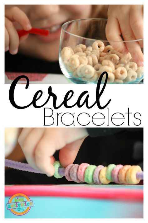 Toddlers can make these Cheerios bracelets to strengthen fine motor skills and work on counting and patterning. Loop Bracelets, Plane Activities, Preschool Food, Preschool Cooking, Cooking Theme, Aktiviti Kanak-kanak, Nutrition Activities, Activity For Toddlers, Food Activities