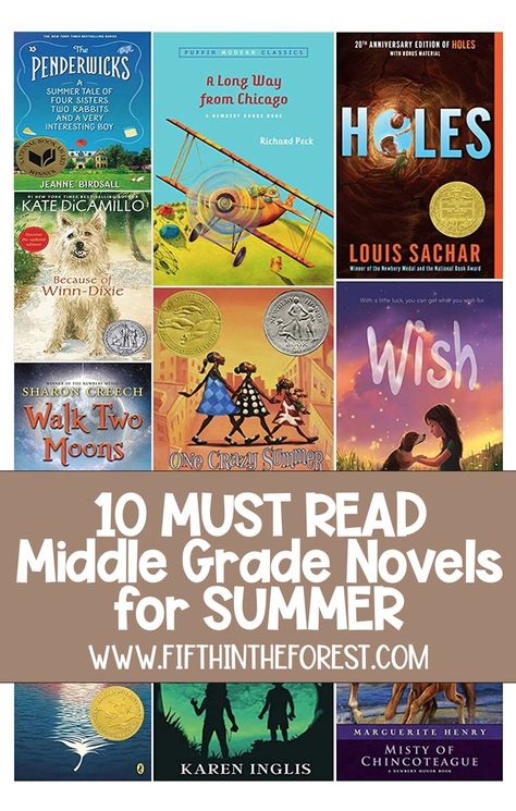 Pin Image shows 10 books covers: Holes, Wish, Walk Two Moons, Because of Winn-Dixie, The Penderwicks, A Long Way from Chicago, Misty of Chincoteague, One Crazy Summer, Beyond the Bright Sea, The Secret Lake. Below the covers is the title "Summer Novels for Big Kids www.fifthintheforest.com" Fifth Grade Reading List, 6th Grade Summer Reading List, 5th Grade Novel Studies, 5th Grade Reading List, Cslp Summer Reading 2024, 7th Grade Reading List, The Penderwicks, Middle School Novel Studies, One Crazy Summer