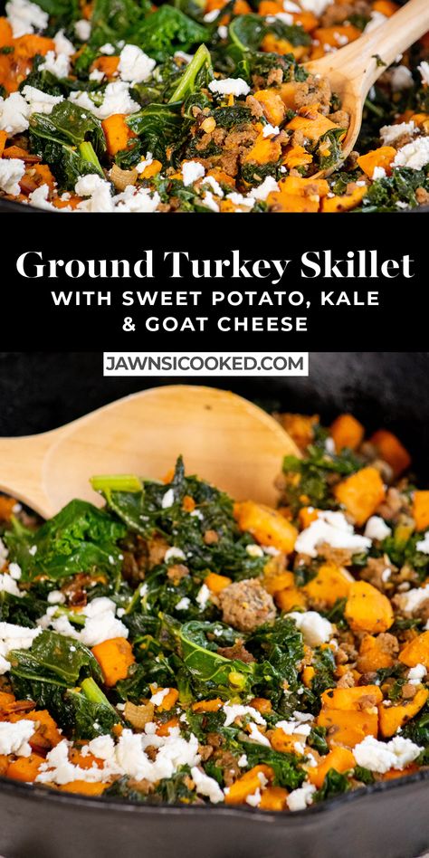 Ground Turkey Kale Sweet Potato, Thanksgiving Skillet Recipes, Turkey Kale Sweet Potato Skillet, Sweet Potato And Goat Cheese Recipes, Essen, Ground Turkey Goat Cheese Recipes, Sweet Potato And Ground Turkey Skillet, Kale Ground Turkey Recipes, Ground Turkey Spinach Sweet Potato Skillet