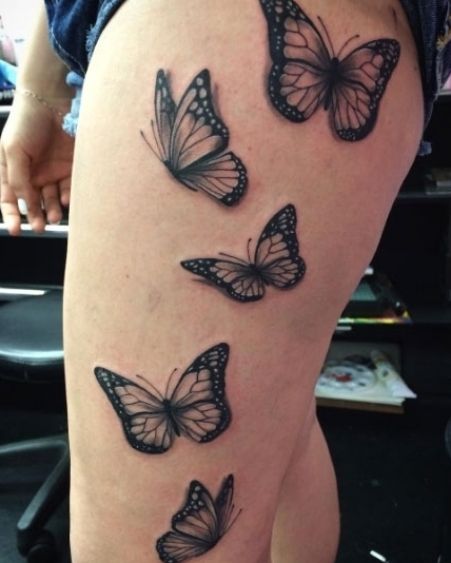 28 Beautiful Black and Grey Butterfly Tattoos - TattooBlend #tattoos #thightattoos #womentattoos Side Thigh Tattoos Butterflies, Butterflies Going Down Leg Tattoo, Leg Tattoos Butterflies, Butterflies Going Up Side Tattoo, Butterflies Going Up Leg Tattoo, Butterfly Tattoo Going Up Leg, Side Thigh Butterfly Tattoo, Large Butterfly Tattoo Thigh, Butterfly Leg Tattoo Thighs