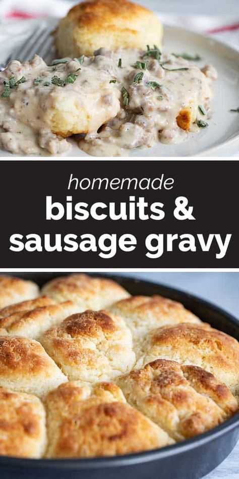 The ultimate biscuits and sausage gravy recipe - tender and fluffy biscuits are topped with a traditional, rich sausage gravy. This meal is perfect for breakfast, but also hearty enough for dinner. #recipe #biscuits #gravy #breakfast #comfortfood Homemade Biscuits And Gravy, Gravy Homemade, Biscuits And Gravy Recipe, Biscuits And Sausage Gravy, Biscuits And Sausage, Homemade Gravy For Biscuits, Best Biscuits And Gravy, Bread Pumpkin, Sausage Gravy And Biscuits