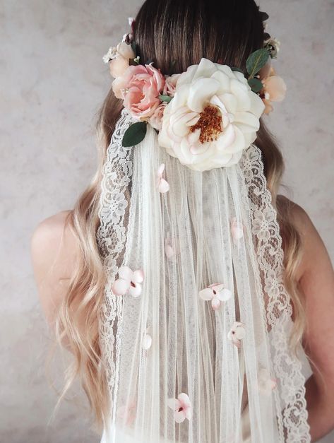 Flower Crown Veil, Lace Wedding Veil With Flowers, Ivory Wedding Veil, Woodland Wedding Headpiece, Floral Crown, Cathedral Veil, Boho Bride - Etsy Floral Headdress Wedding, Boho Veil Bohemian Bride Floral Crowns, Wedding Floral Veil, Wedding Hairstyles With Flower Crown And Veil, Bride Flower Crown Veil, Wedding Veil Boho, Brides With Crowns, Unique Bridal Veils, Unique Bridal Accessories