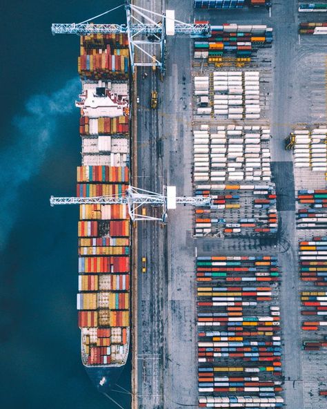 Birds eye view of a shipping yard. - 9GAG Freight Transport, Cargo Ships, Merchant Navy, Freight Forwarder, Logistics Transportation, Drone Images, Shipping Containers, Cargo Shipping, Simple Wallpapers