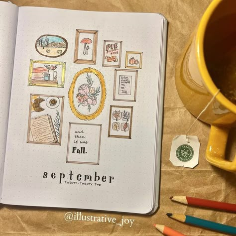 Fall Theme Illustration, Fall Bujo Cover, September Bujo Theme Ideas, September Reading Journal, Fall Bullet Journal Theme, September Bujo Ideas, Bujo Autumn Theme, Fall Scrapbook Ideas, Fall Bujo Theme