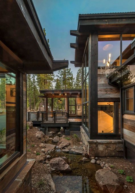 This majestic mountainside retreat was designed by Sandbox Studio located in the Northstar community of Truckee, California. Mountain Getaway, Mountainside Retreat, Lakefront Homes, Mountain Architecture, Modern Mountain, Condo Loft, Colorado Mountain, Evergreen Forest, Colorado Homes