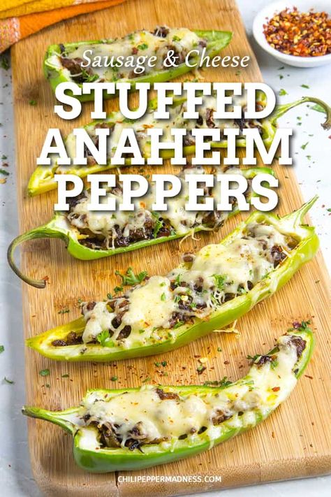 Sausage and Cheese Stuffed Anaheim Peppers - A recipe for mild Anaheim peppers stuffed with seasoned Italian sausage and melty cheese, perfect for grilling or baking. A quick and easy weeknight meal. #StuffedPeppers #EasyMeals via @chilipeppermadness Sausage And Cheese Stuffed Peppers, Stuffed Chili Peppers Recipes, Mild Pepper Recipes, Recipes With Anaheim Peppers, Anaheim Peppers Recipes, Stuffed Anaheim Pepper Recipes, Anaheim Chili Recipes, Anaheim Pepper Recipes, Stuffed Anaheim Peppers