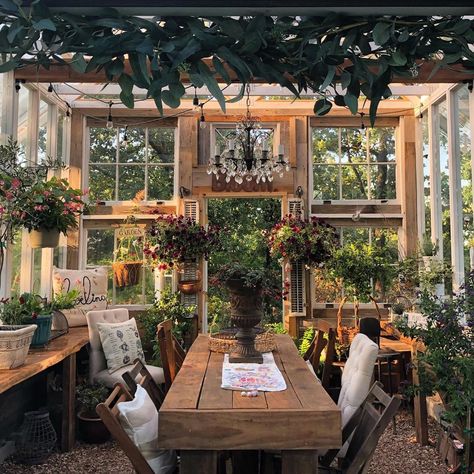 Greenhouse She Shed, Greenhouse Dining, Greenhouse Office, Greenhouse Build, Window Greenhouse, Shed Decor, Outdoor Greenhouse, Large Greenhouse, Greenhouse Shed