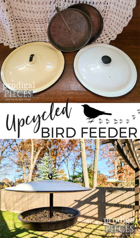 Create an upcycled bird feeder from misfit enamel pot lids and cake pans. Tutorial by Larissa of Prodigal Pieces at prodigalpieces.com #prodigalpieces #upcycled #garden #birds #farmhouse #home #homedecor Upcycle Bird House, Bird Feeder Landscaping Ideas, Bird Feeder Diy, Upcycled Garden, Bird Feeding Station, Homemade Bird Feeders, Diy Bird Feeder, Recycled Garden, Bird Baths