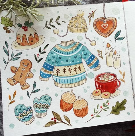 Winter Sketchbook Ideas, Winter Bujo Ideas, Winter Doodle Art, Doodle Noel, Christmas Illustration Drawing, Winter Aesthetic Drawing, Drawing Ideas Winter, Winter Journal Ideas, Cute Winter Drawings