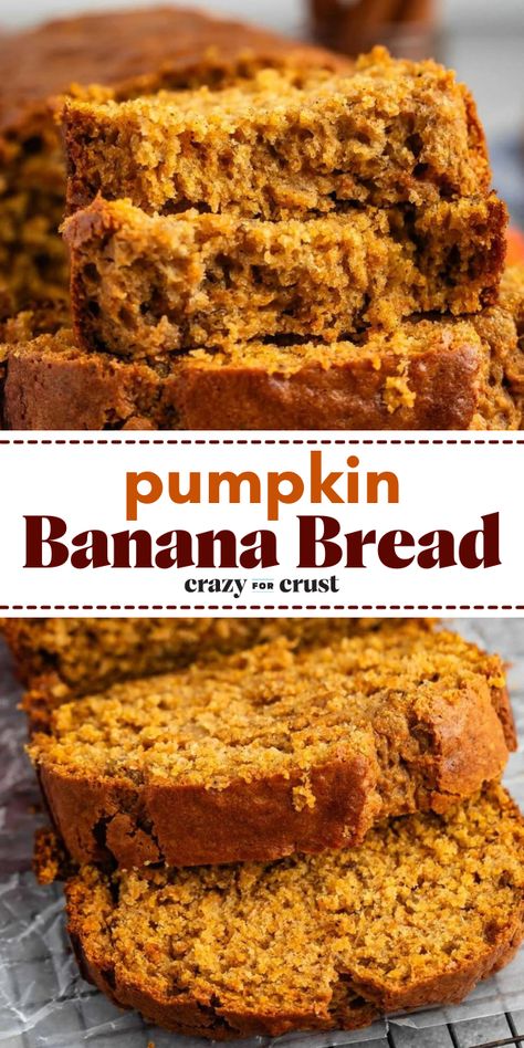 This Pumpkin Banana Bread is the best fall recipe: A soft banana bread with pumpkin to keep it moist and tons of pumpkin spice. This quick bread is the easiest recipe and every bite tastes like fall. Pumpkin Banana Bars, Pumpkin Banana Loaf, One Banana Bread Recipe, Pumpkin Recipes Bread, Recipes With 1 Banana, Banana Bread Recipe Variations, 2 Banana Bread, Bake Banana Bread, Banana Baking Recipes Healthy