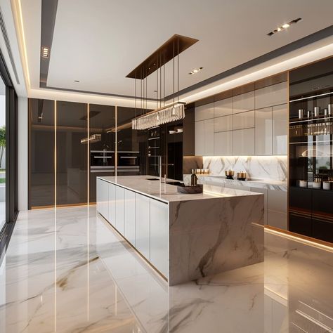 Modern White Kitchen Design Luxury, Huge Kitchen Ideas Modern, Giant Modern Kitchen, Marble Luxury Kitchen, Modern Kitchen Design Luxury Big, Luxury Litchen Cabinets, Neutral Color Kitchen, Contemporary Luxury Kitchen, Contemporary Kitchen Design Luxury