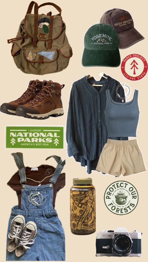 Granola girl outfit inspo collage, vintage film camera, Nalgene water bottle, overall, brown cropped shirt, brown converse, tan cloth shorts, blue tank top, blue flannel, national park hats, granola girl backpack, leather, hiking boots, aesthetic hiking boots, national park stickers Granola Style Outfits, Granola Girl Summer Outfits, Niacinamide And Salicylic Acid, Camping Aesthetic Outfits, Granola Girl Aesthetic Outfits, Retinol Niacinamide, Summer Camp Outfits, Granola Girl Outfits, Vitamin C Retinol