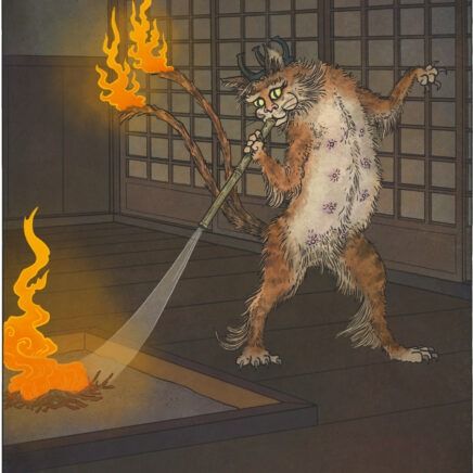 Gotoku neko – Yokai.com Cat Yokai, Cat Habitat, Japanese Yokai, Fantasy Creatures Art, Urban Legends, House Fire, Cat Sleeping, Creature Art, Four Legged